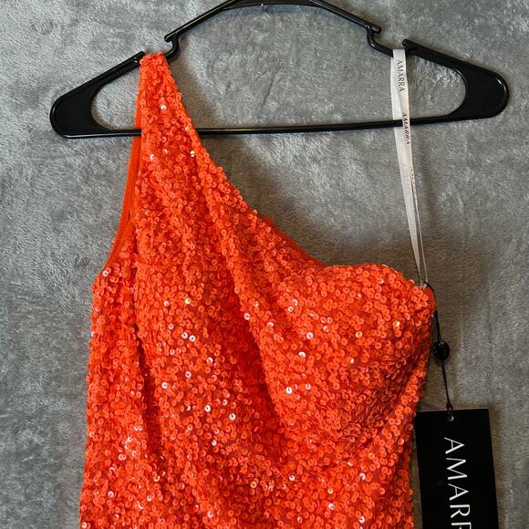 Amarra One Shoulder Sequined Dress Style 87439 Neon Orange Sz 4 New‎ - Picture 4 of 10